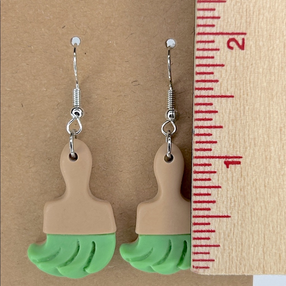 *LAST ONE* Green Acrylic Paint Brush Drop Earrings, Art Teachers Fashion Jewelry - Picture 2 of 2